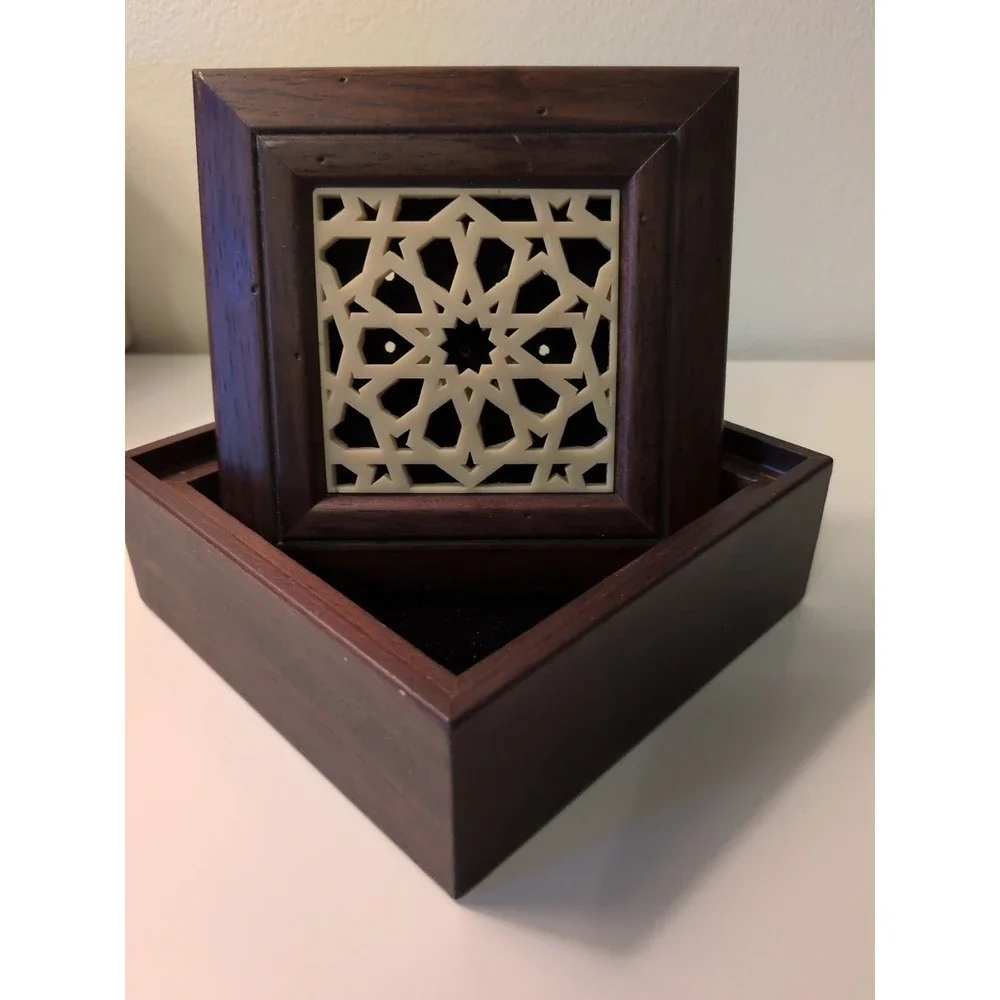 Wooden Keepsake Box Geometric Art Lattice Inlay Middle Eastern Style Brown